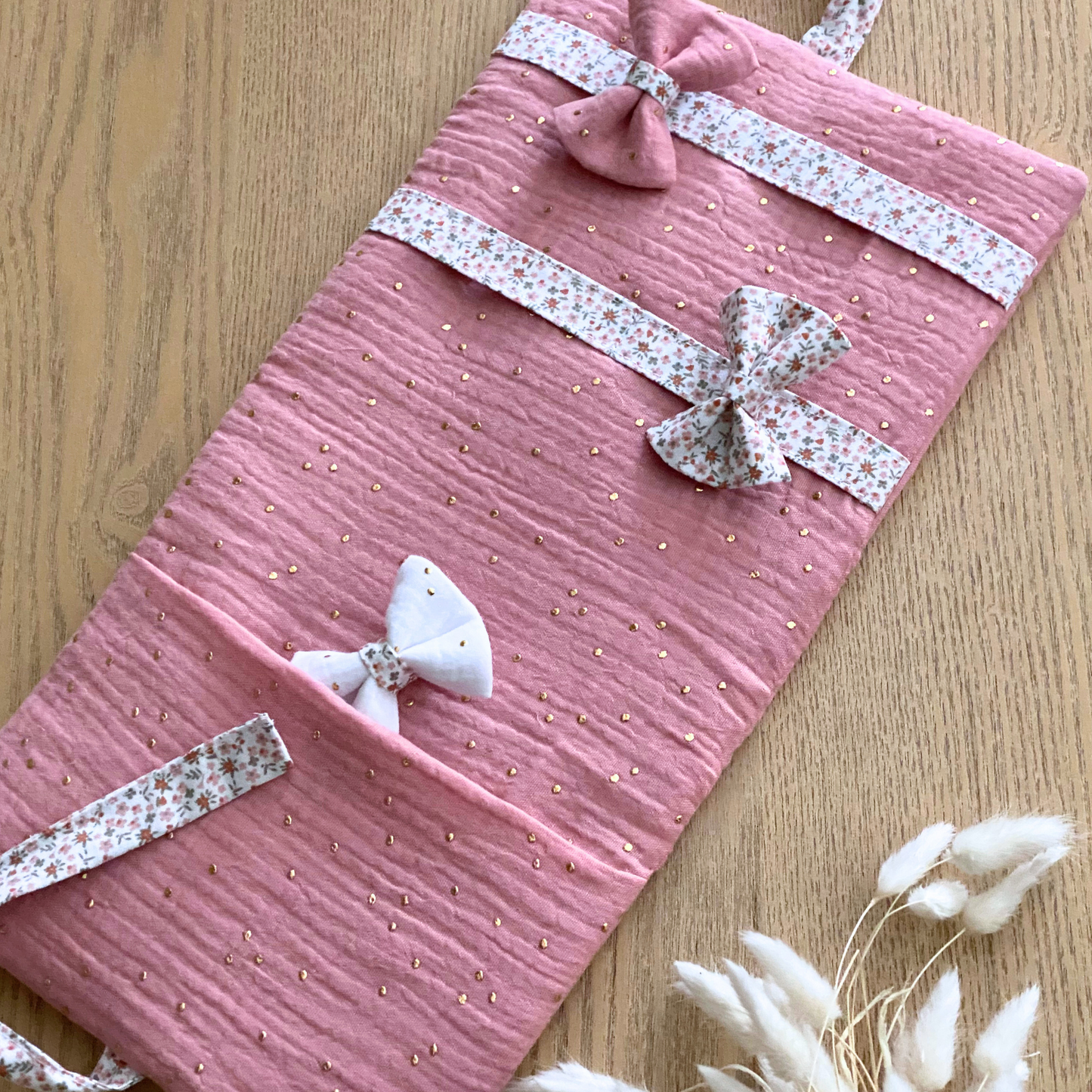 Barrettes noeud en gaze de coton fleurs rose