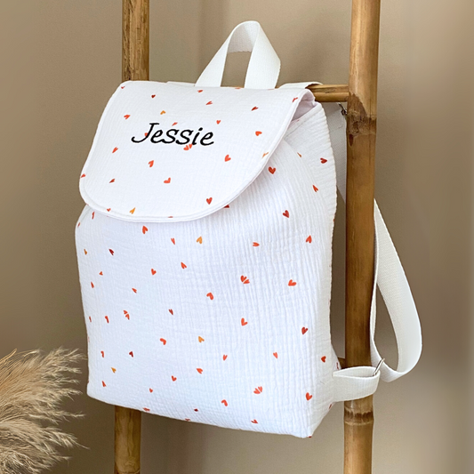 Sac à dos enfant personnalisé en gaze de coton coeurs rouge