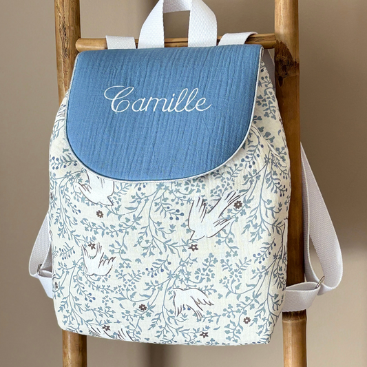 Sac à dos personnalisé maternelle crèche bleu en gaze de coton