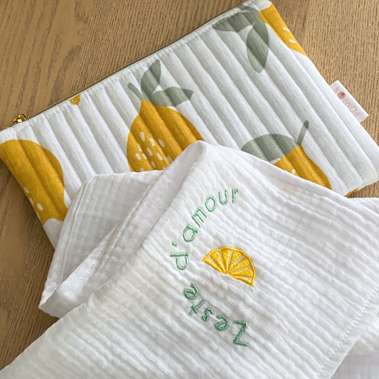 trousse de toilette bebe gaze de coton citron jaune et vert sauge