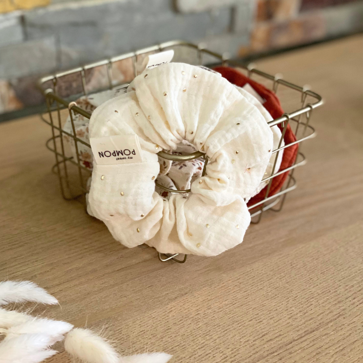 Chouchou pour cheveux écru, tomette à fleurs