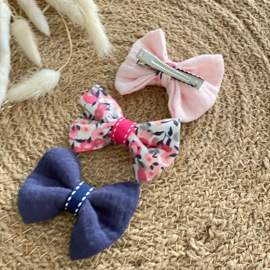Barrettes noeud liberty rose et bleu