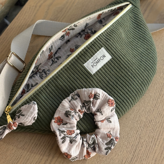 Sac banane femme velours vert kaki à fleurs
