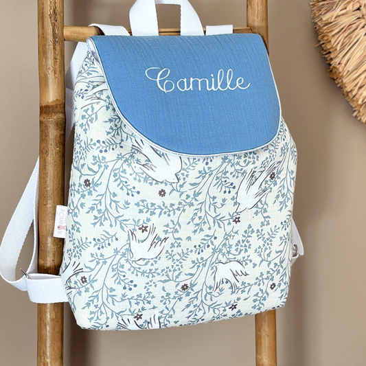 Sac à dos personnalisé maternelle crèche bleu en gaze de coton