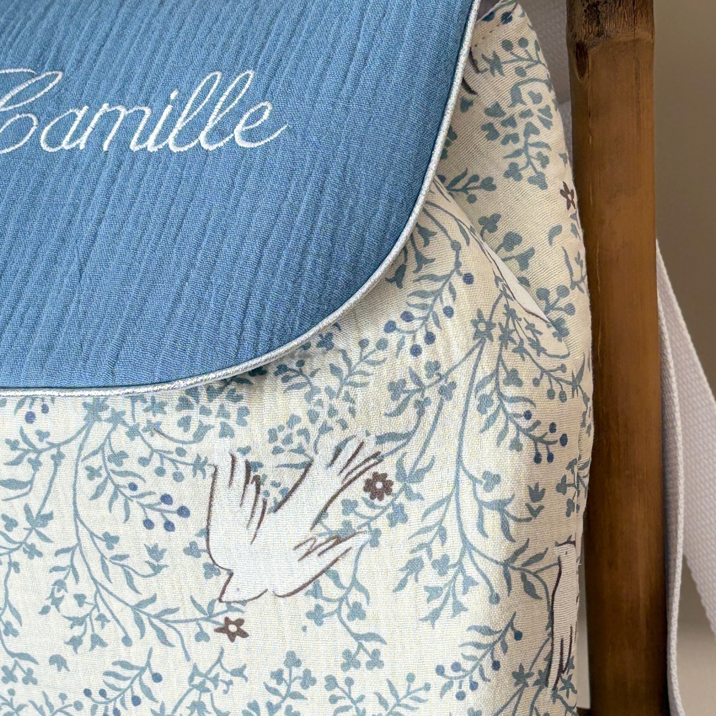 Sac à dos personnalisé maternelle crèche bleu en gaze de coton