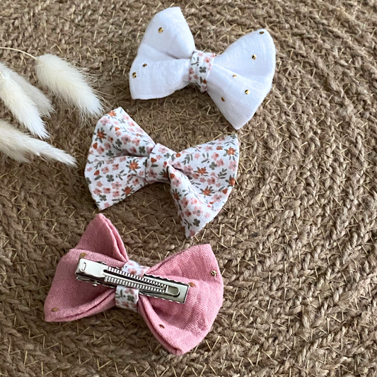 Barrettes noeud en gaze de coton fleurs rose