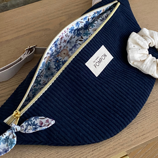 Sac banane femme velours bleu marine à fleurs