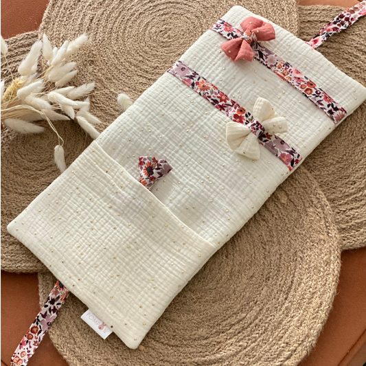 Porte barrettes en gaze de coton écru à pois dorés-Cadeau petite fille