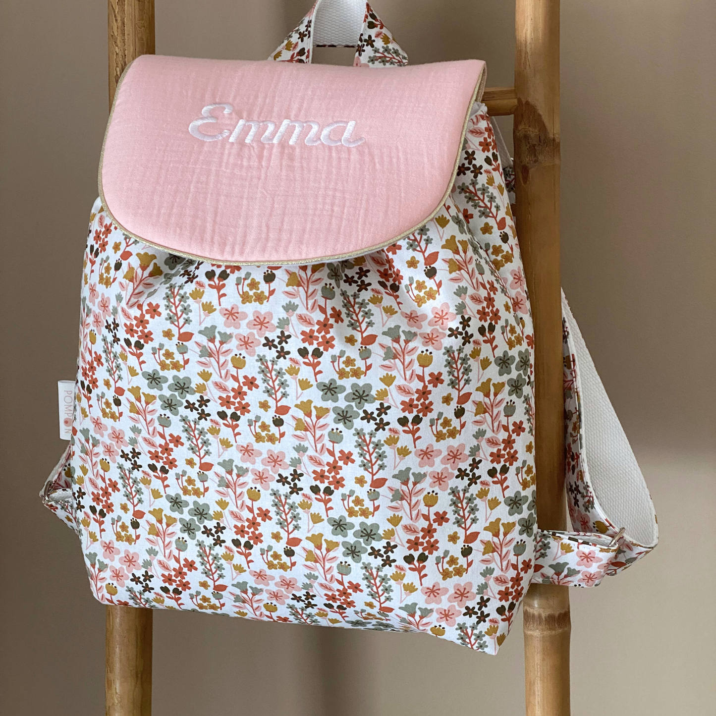 Sac à dos enfant crèche maternelle personnalisé terracotta à fleurs