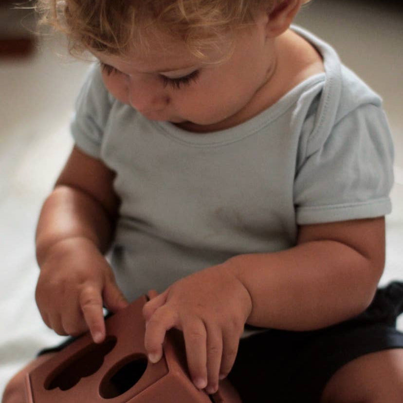 Cube d'activité en silicone et plateau en bois