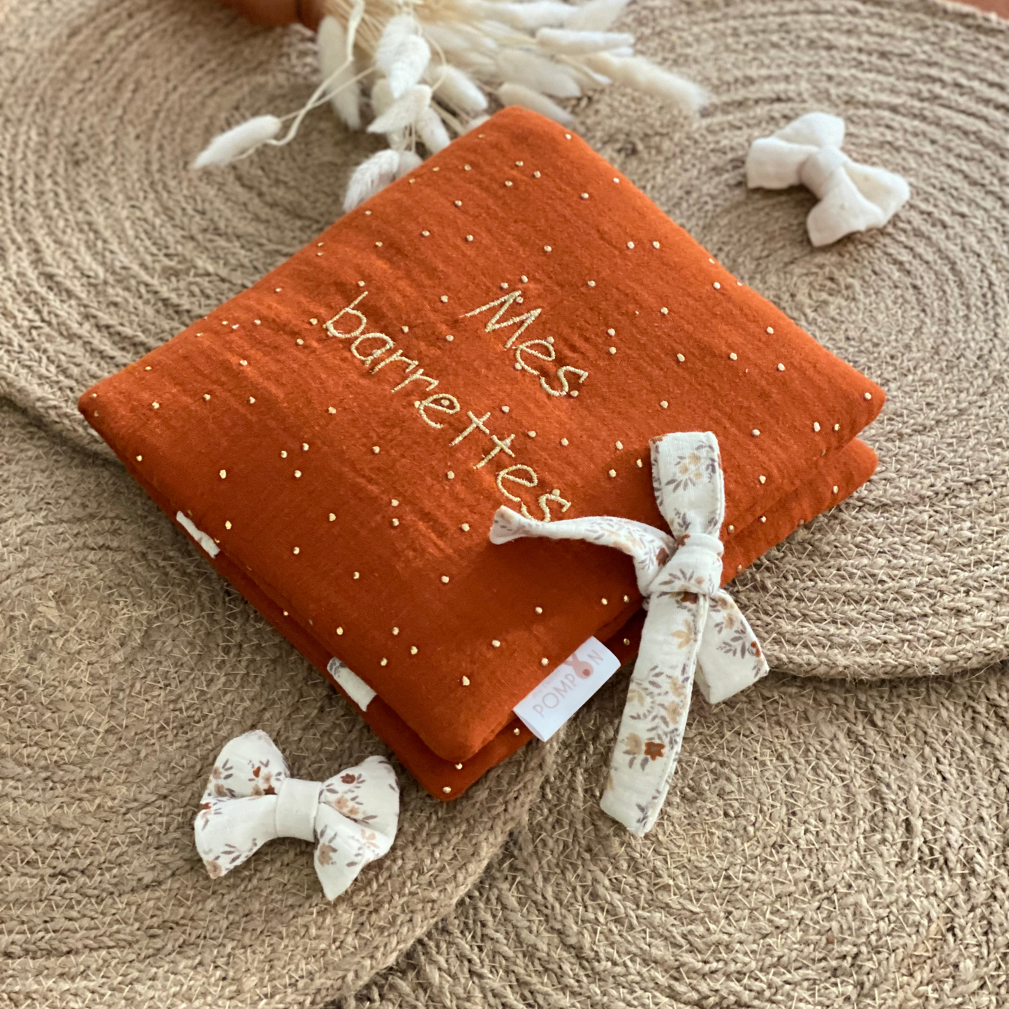 Porte barrettes en gaze de coton rouille à pois dorés-Cadeau petite fille