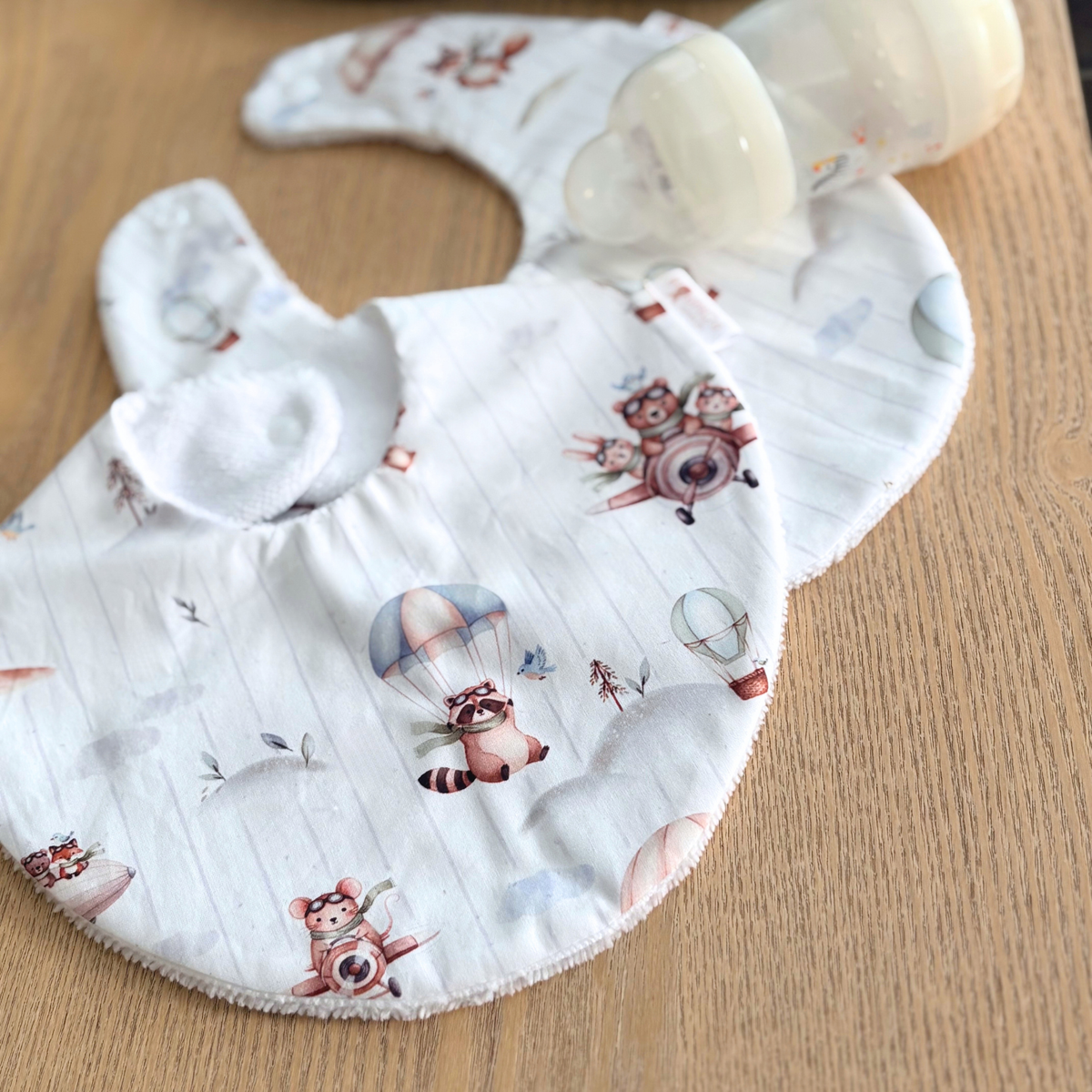 Bavoir naissance en coton blanc animaux aviateurs