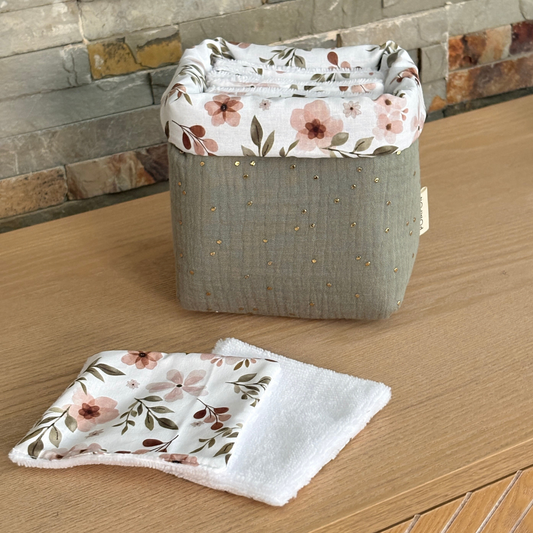 Cotons démaquillants lavables avec panier vert sauge