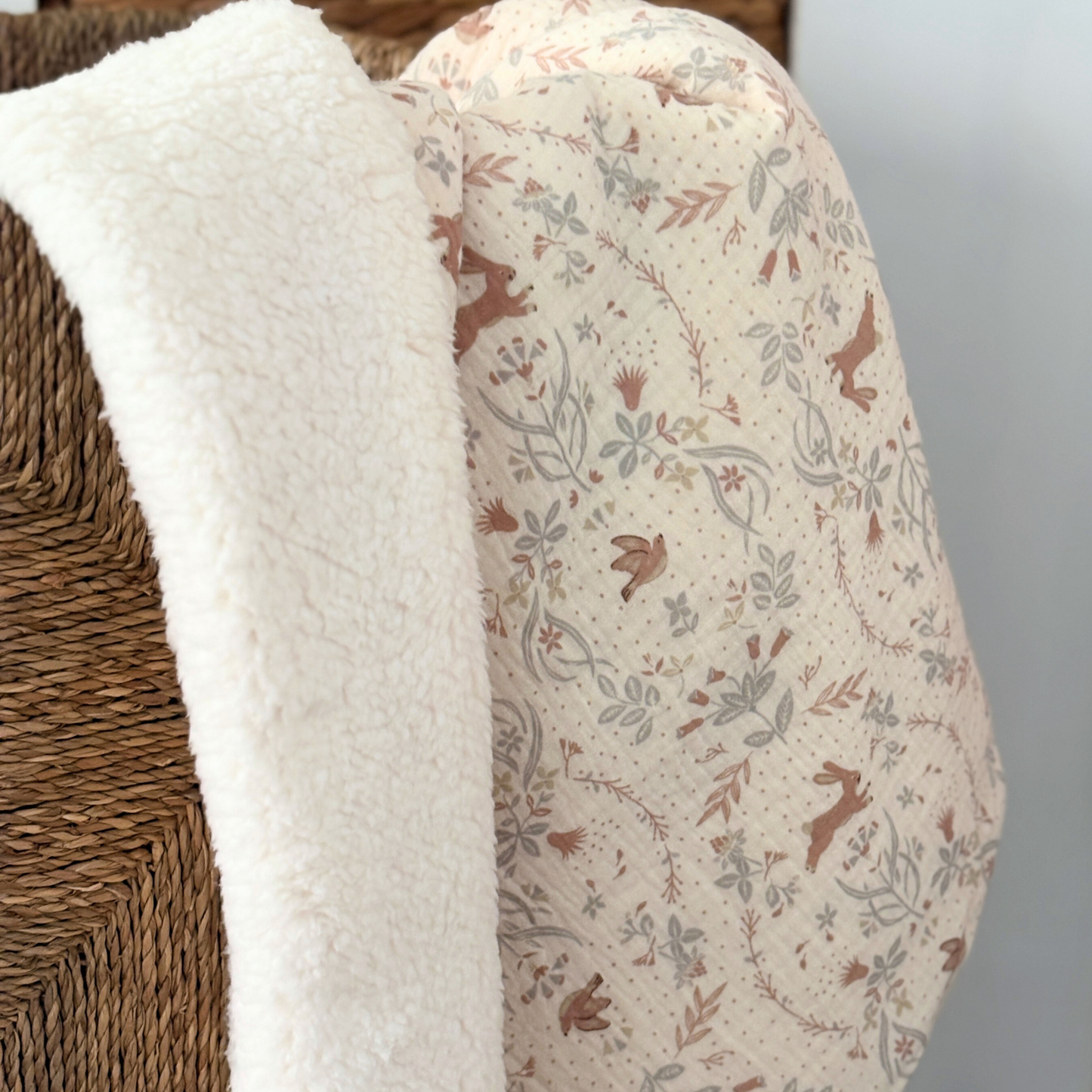 Couverture en gaze de coton lapin et sherpa écrue personnalisable