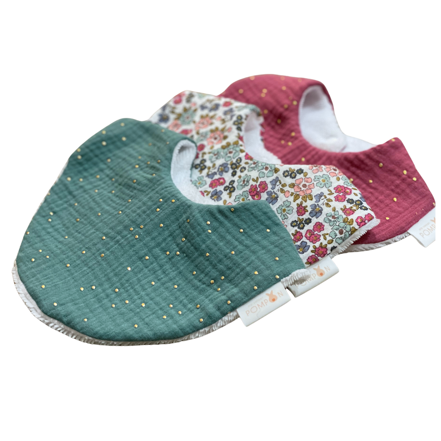 Bavoirs fleuris framboise et vert bébé fille