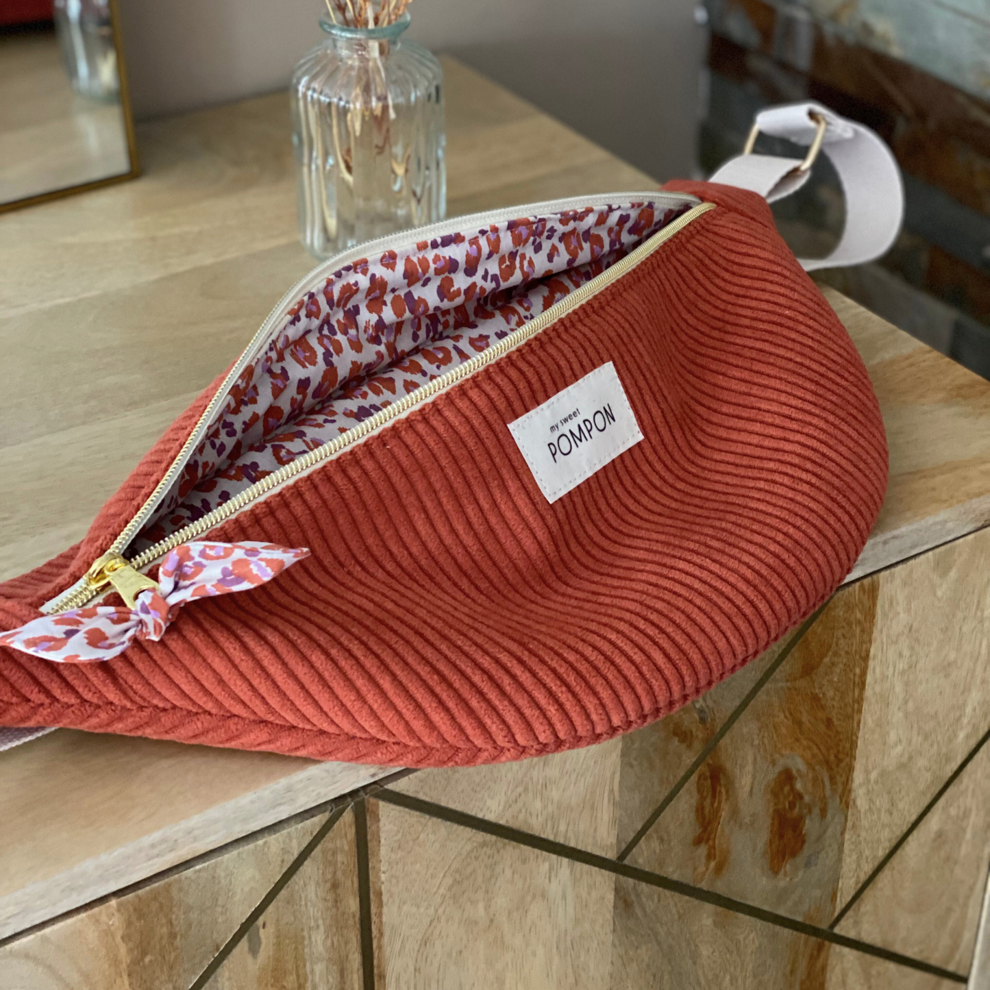 Sac banane femme velours brique léopard