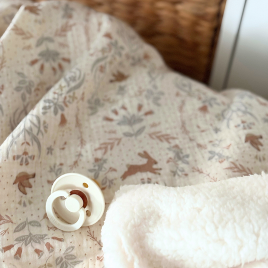 Couverture en gaze de coton lapin et sherpa écrue personnalisable