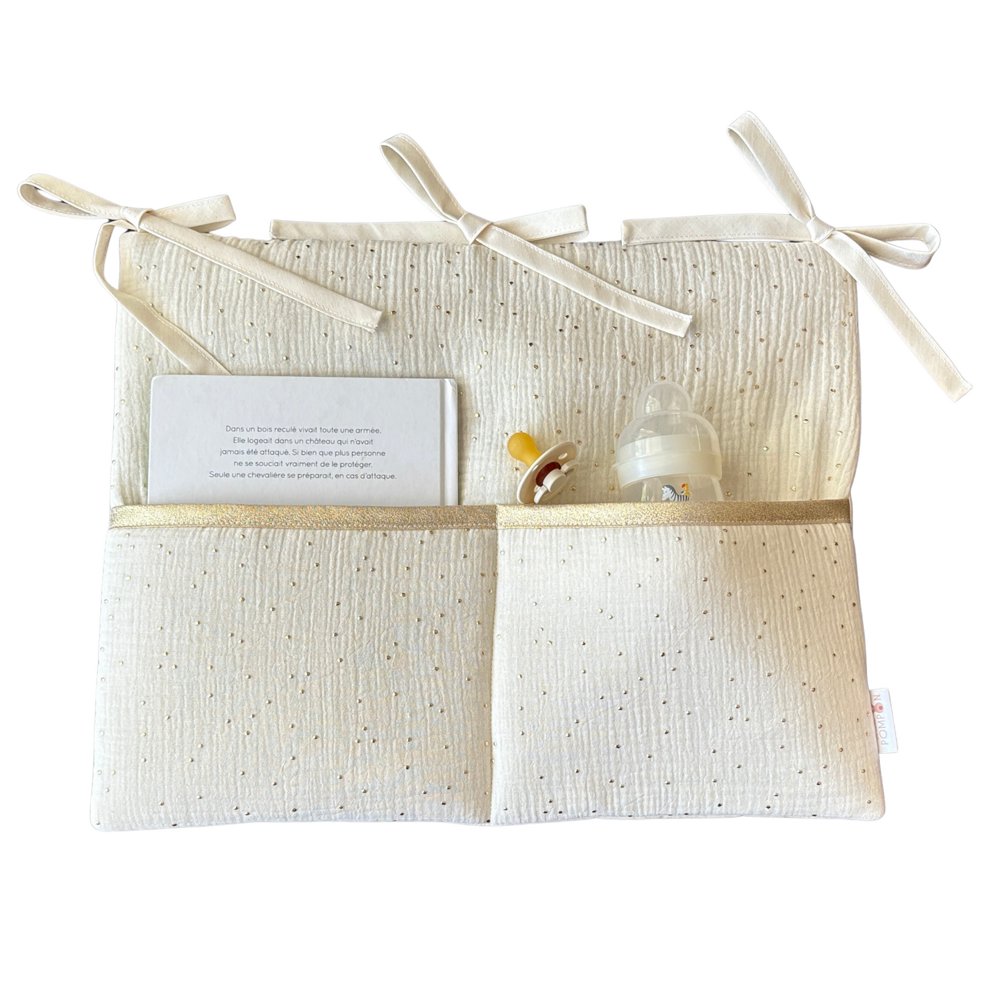 NOUVEAU Range doudou/Organisateur de lit bébé écru à pois dorés-Couleur au choix