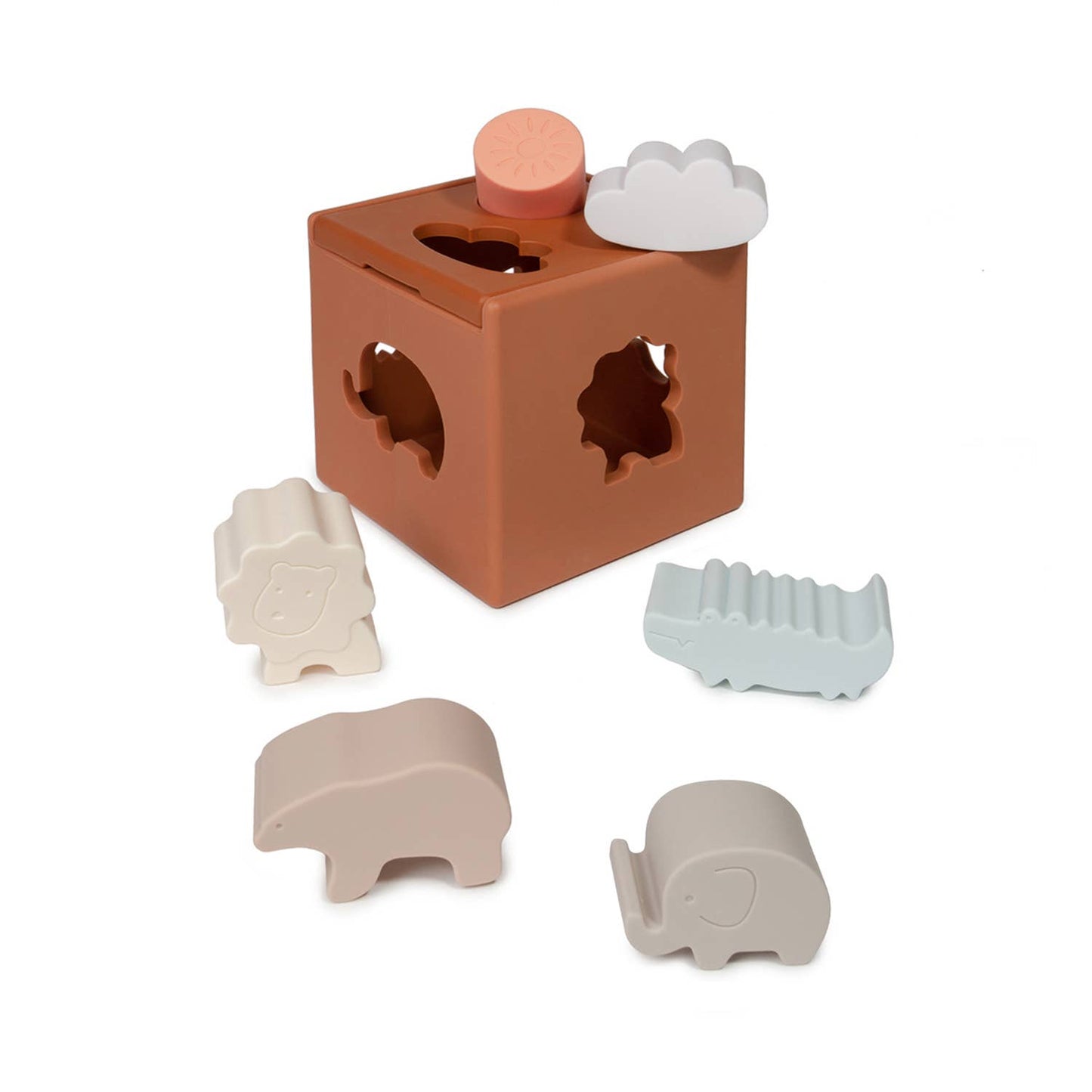 Cube d'activité en silicone et plateau en bois