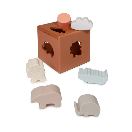 Cube d'activité en silicone et plateau en bois