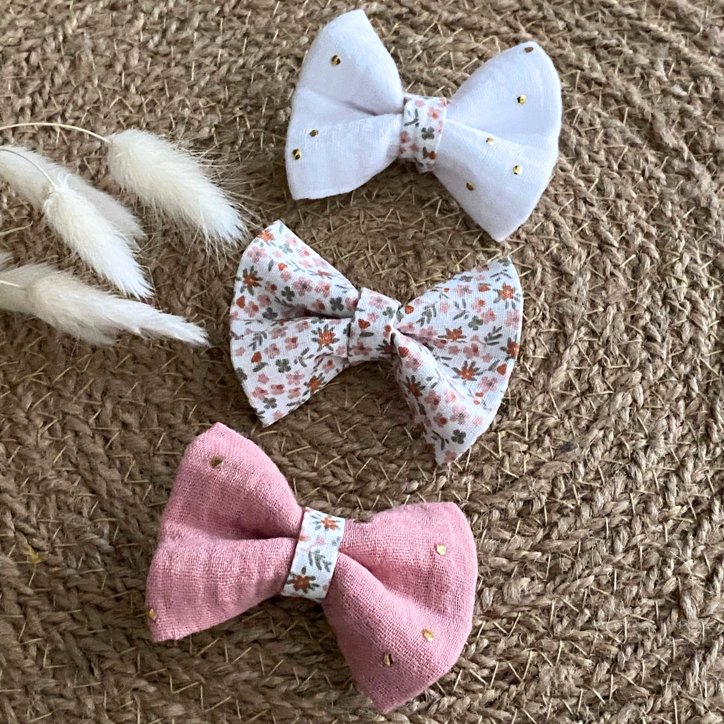 Barrettes noeud en gaze de coton fleurs rose