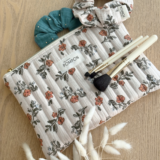 Pochette à maquillage à fleurs écru rouille en gaze de coton