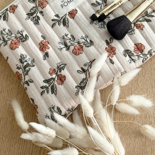 Pochette à maquillage à fleurs écru rouille en gaze de coton