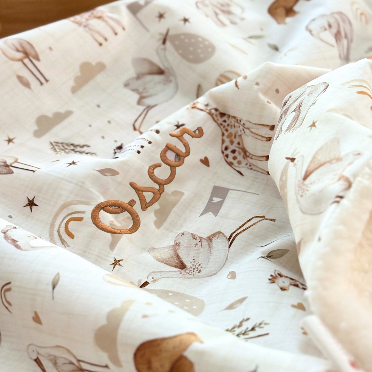 Couverture bébé animaux de la savane moumoute sherpa écru