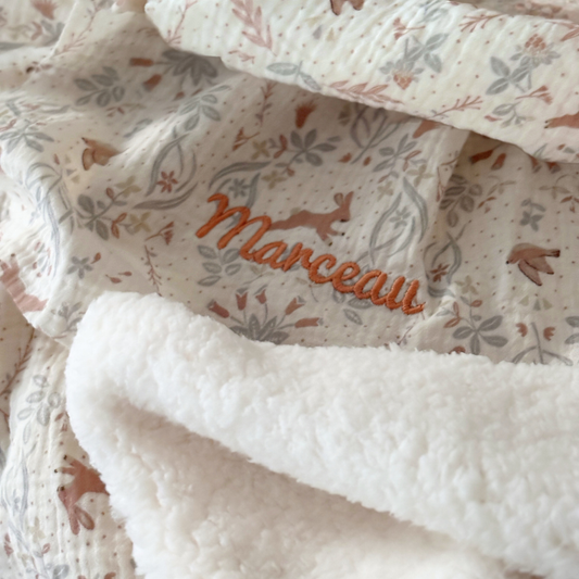 Couverture en gaze de coton lapin et sherpa écrue personnalisable