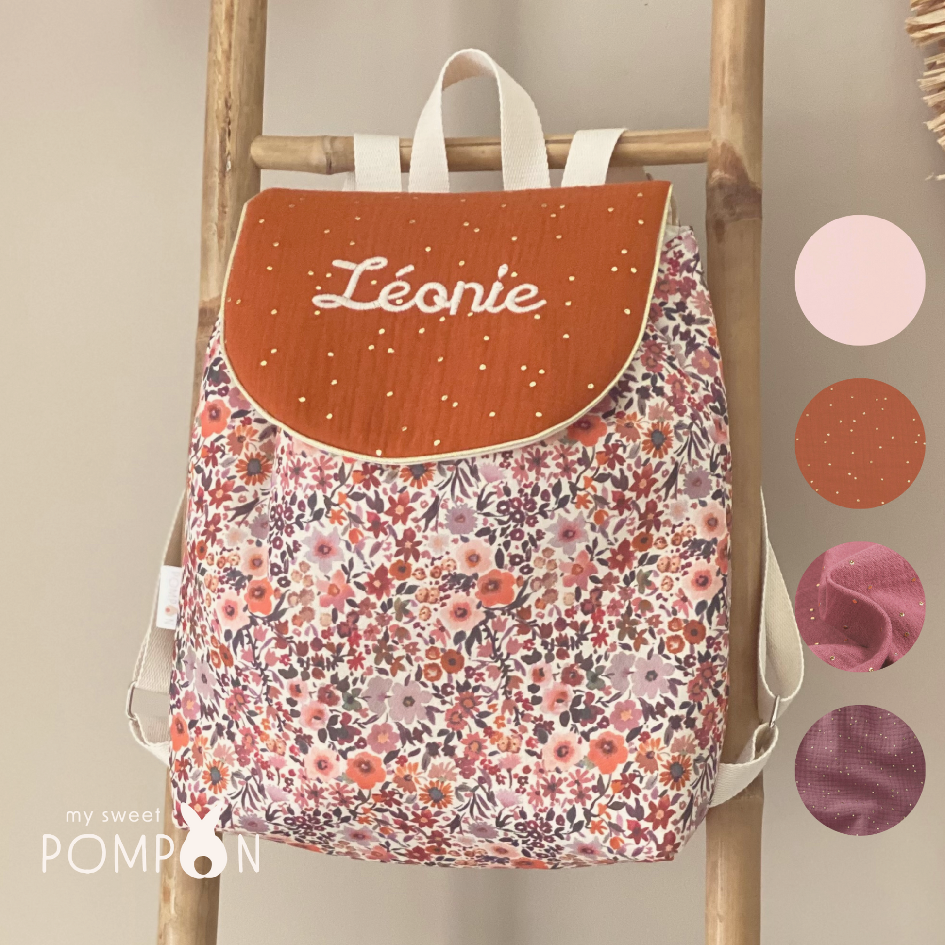 sac à dos pour fille personnalisable  à fleurs avec prénom 